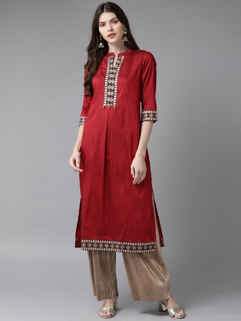 

Shree Women Maroon Yoke Design Straight Kurta