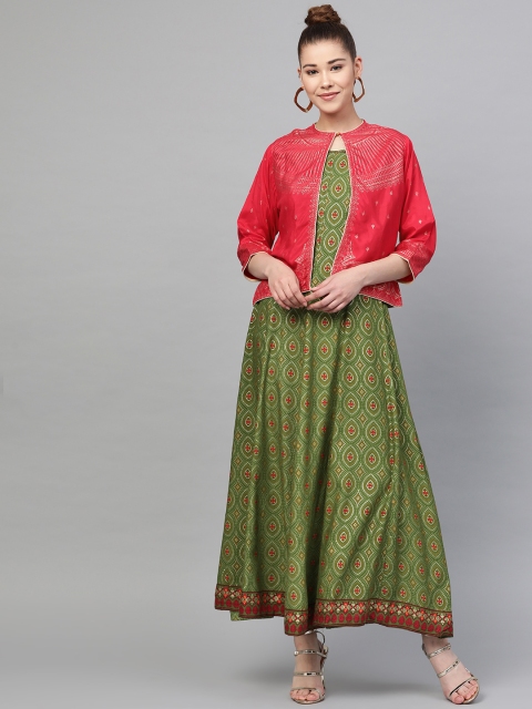 

Shree Women Olive Green Block Printed Maxi Dress With Ethnic Jacket