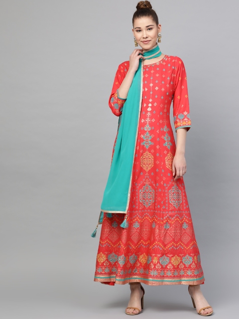 

Shree Women Coral Red & Sea Green Printed Maxi Dress with Stole