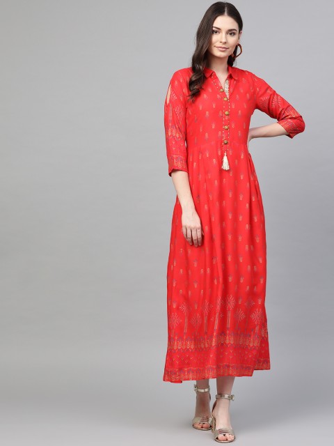 

Shree Women Red & Golden Printed Maxi Dress