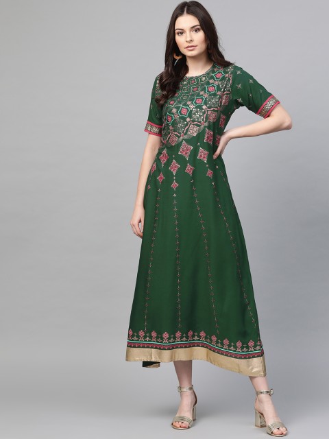

Shree Women Green & Golden Printed Midi A-Line Dress
