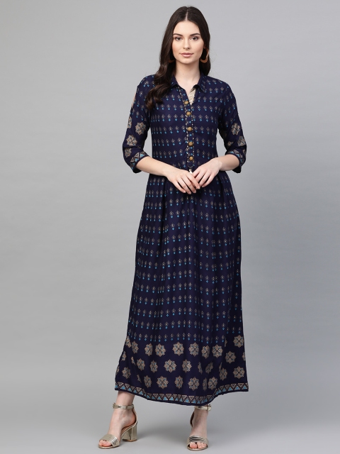 

Shree Women Navy Blue & Golden Printed Maxi Dress