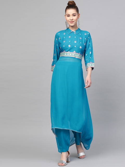 

Shree Women Blue & Silver Yoke Design Semi-Sheer High-Low Kurta with Trousers