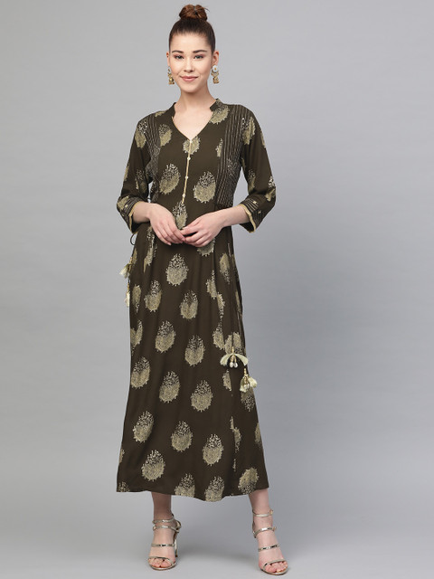 

Shree Women Olive Green & Golden Printed Maxi A-Line Dress