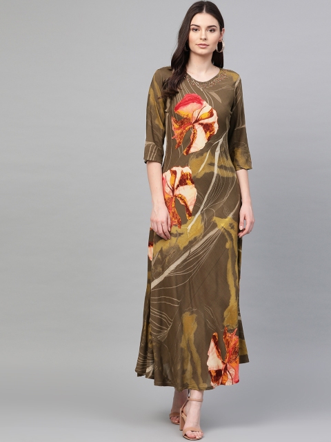

Shree Women Olive Green & Orange Printed Maxi A-Line Dress