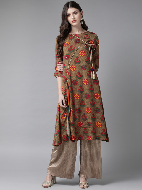 

Shree Women Brown & Red Printed A-Line Angrakha Kurta