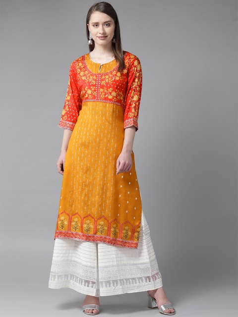 

Shree Women Mustard Yellow & Red Printed Straight Kurta