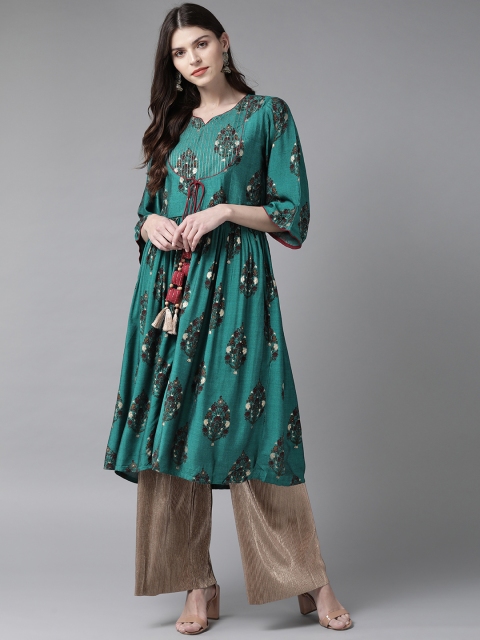 

Shree Women Green & Maroon Printed Layered A-Line Kurta
