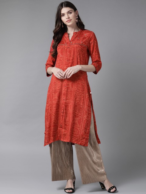 

Shree Women Red & Yellow Bandhani Printed Straight Kurta