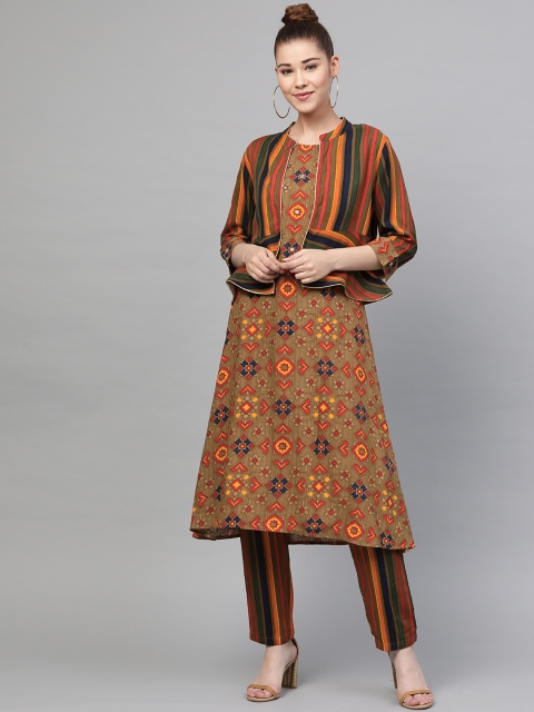 

Shree Women Brown & Red Printed Kurta with Trousers & Ethnic Jacket