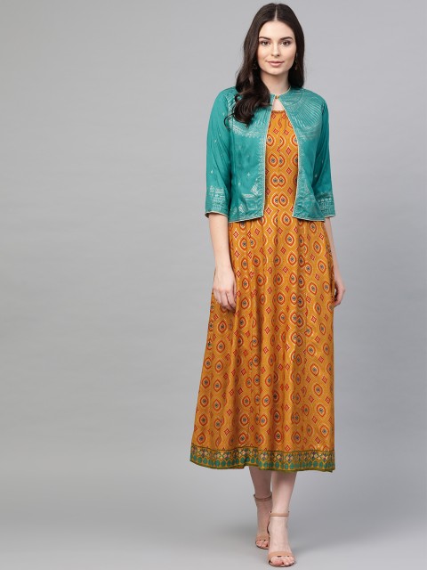 

Shree Women Mustard Yellow & Red Printed Maxi Dress with Jacket