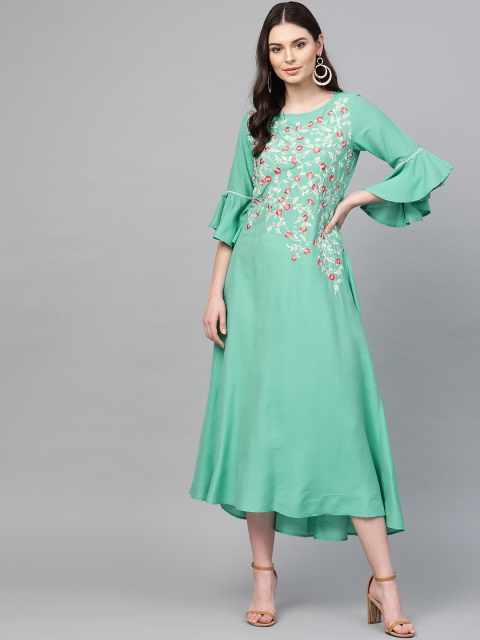 

Shree Women Sea Green & Red Embroidered Maxi Dress