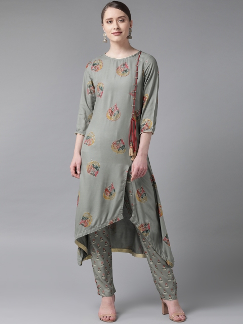 

Shree Women Grey & Red Foil Print Kurta with Trousers