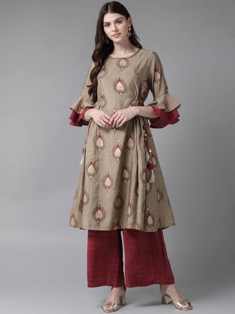 

Shree Women Brown & Maroon Printed Kurta with Palazzos