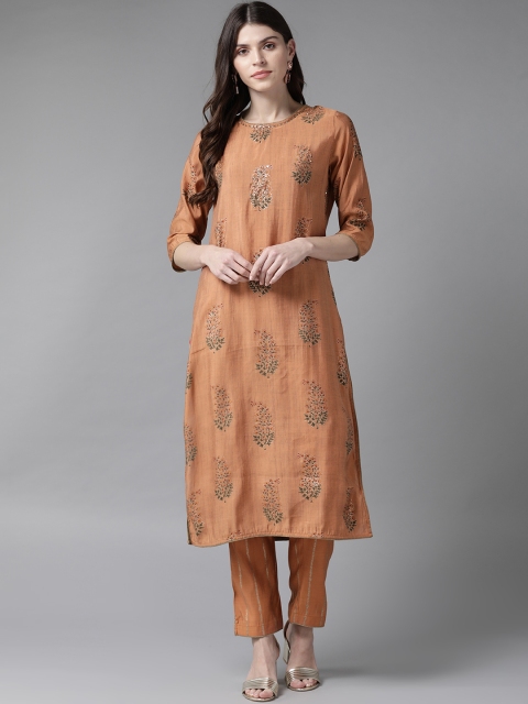 

Shree Women Rust Orange & Golden Printed Kurta with Trousers