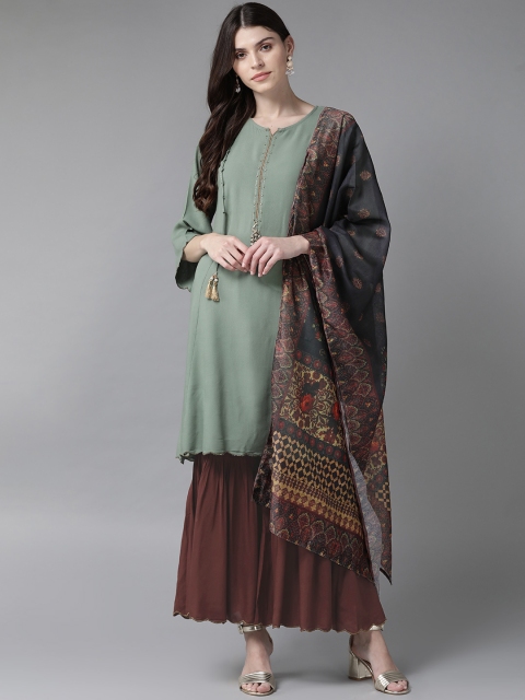 

Shree Women Green & Rust Brown Solid Kurta with Sharara & Dupatta
