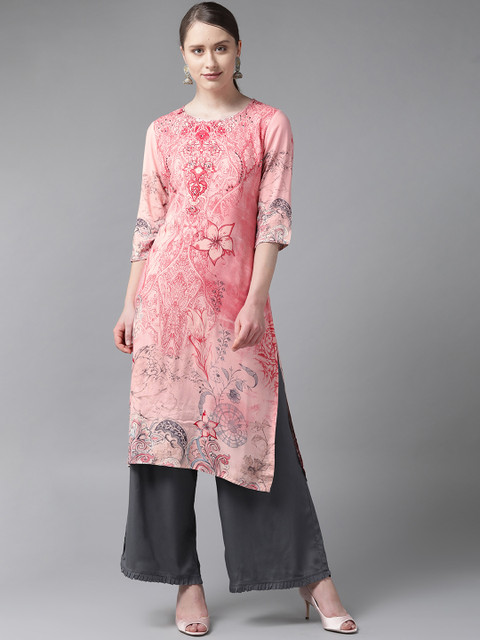 

Shree Women Pink & Charcoal Grey Printed Kurta with Palazzos