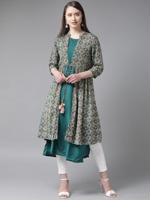 

Shree Women Off-White & Teal Green Printed Layered A-Line Kurta