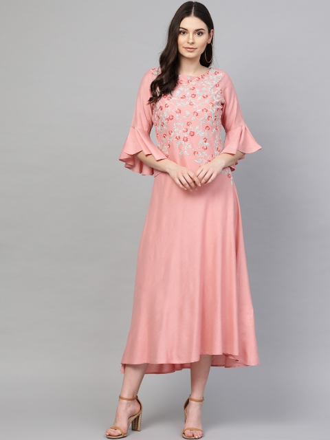 

Shree Women Pink & Blue Embroidered A-Line Dress