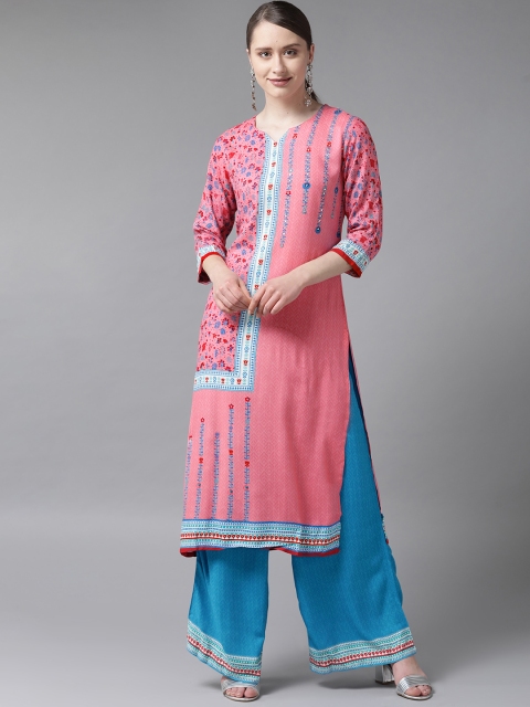

Shree Women Pink & Blue Printed Kurta with Palazzos