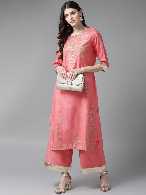 

Shree Women Pink & Golden Printed Kurta with Palazzos
