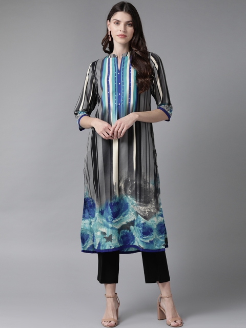 

Shree Women Grey & Blue Striped Straight Kurta