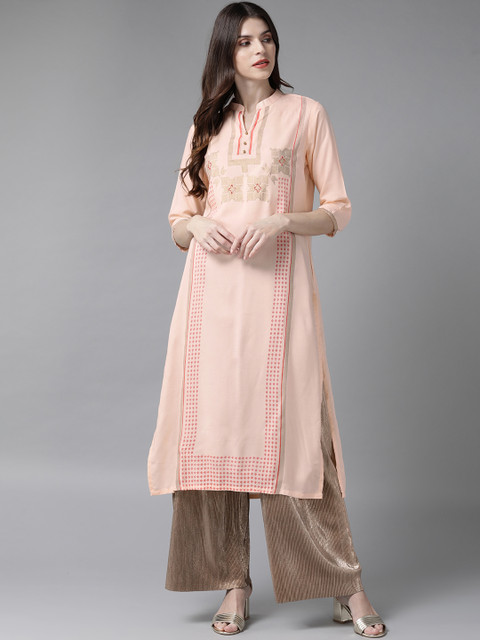 

Shree Women Peach-Coloured & Golden Printed Straight Kurta
