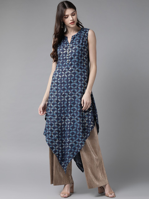 

Shree Women Navy Blue & Golden Printed A-Line Kurta
