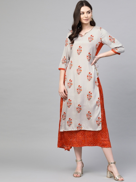 

Shree Women Grey & Red Printed Layered Midi A-Line Dress