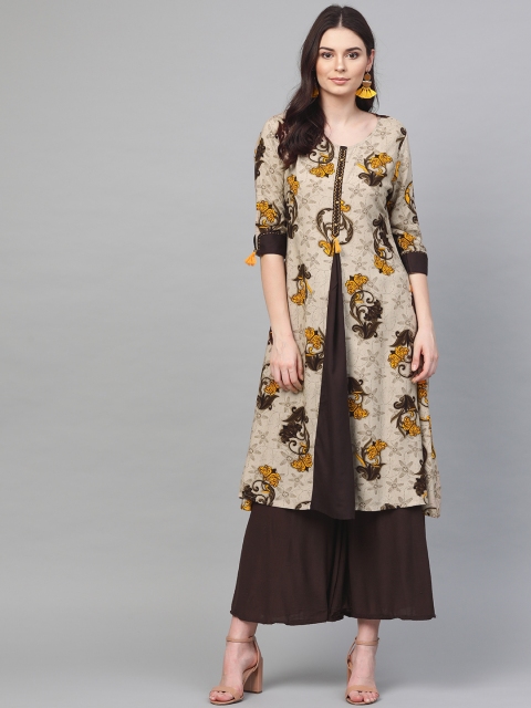 

Shree Women Beige & Coffee Brown Printed A-Line Kurta