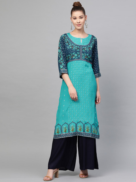 

Shree Women Blue & Silver Printed Straight Kurta