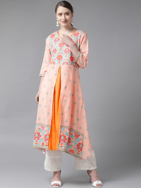 

Shree Women Peach-Coloured & Blue Printed A-Line Layered Asymmetric Kurta