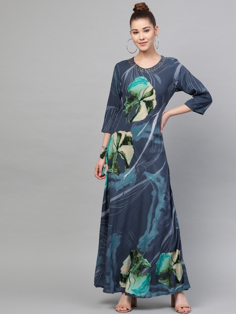 

Shree Women Navy Blue & Green Printed Maxi Dress