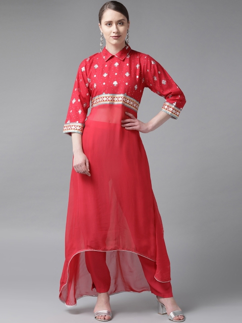 

Shree Women Coral Pink & Silver Printed Kurta with Trousers