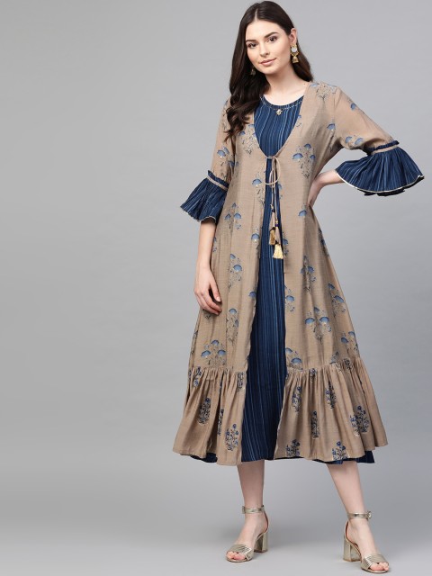 

Shree Women Beige & Navy Blue Printed Midi A-line Dress with Jacket