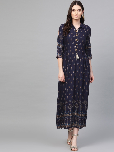 

Shree Women Navy Blue & Golden Printed Maxi A-Line Dress