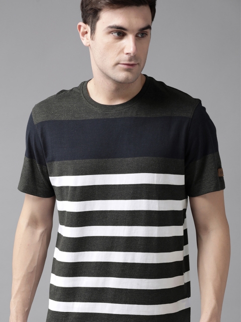 

Roadster Men Charcoal Grey & White Striped Round Neck T-shirt