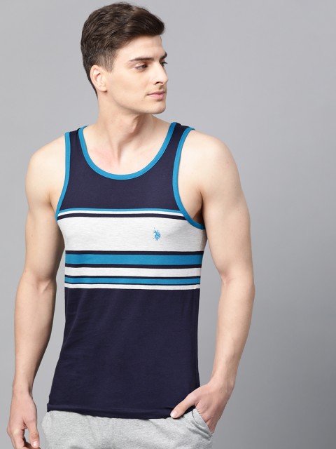 

U.S. Polo Assn. Men Navy Blue & Grey Melange Striped Innerwear Vest