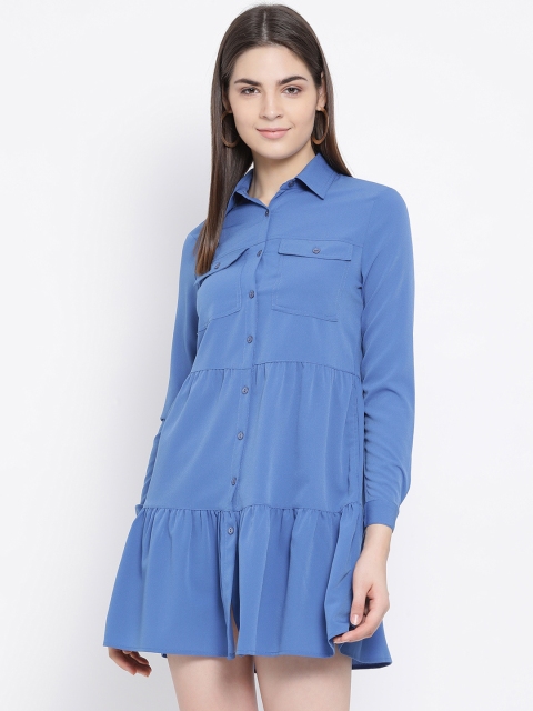 

Oxolloxo Women Blue Solid Tiered Shirt Dress