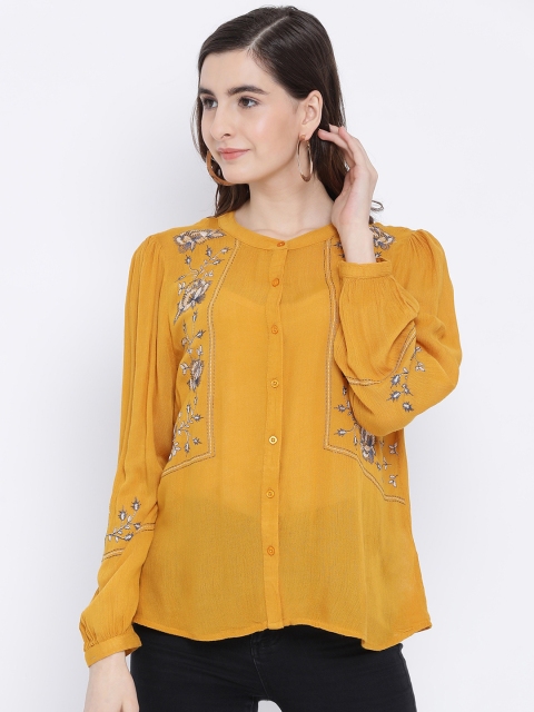 

Oxolloxo Women Mustard Yellow & White Regular Fit Embroidered Casual Shirt