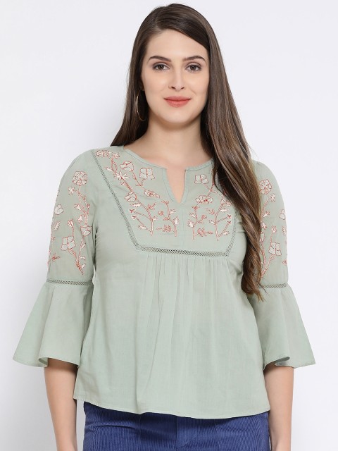 

Oxolloxo Women Green Embroidered A-Line Pure Cotton Top