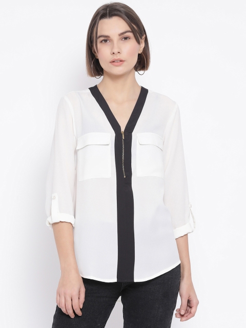 

Oxolloxo Women White Colourblocked Shirt Style Top