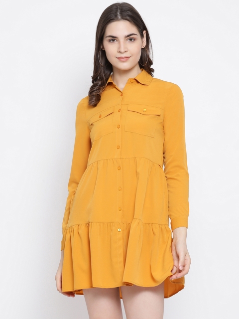 

Oxolloxo Women Mustard Yellow Solid Tiered Shirt Dress