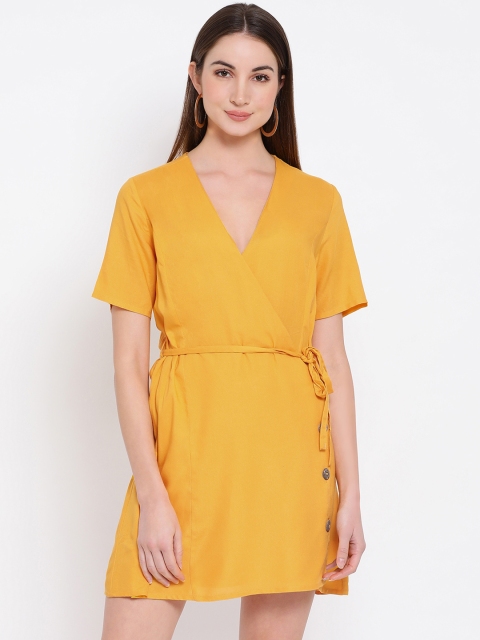 

Oxolloxo Women Mustard Yellow Solid Wrap Dress