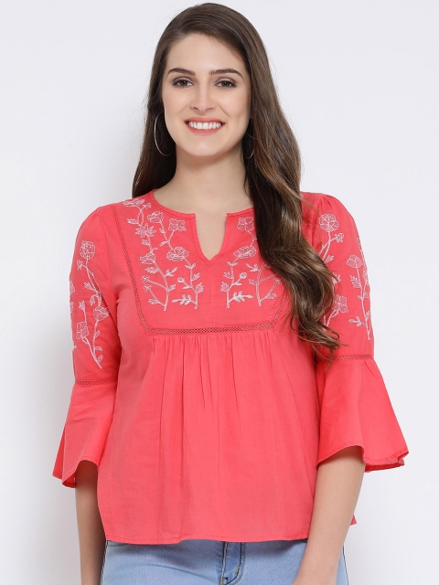 

Oxolloxo Women Coral Embroidered A-Line Pure Cotton Top