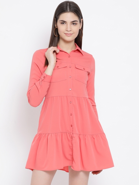 

Oxolloxo Women Coral Pink Solid Shirt Dress