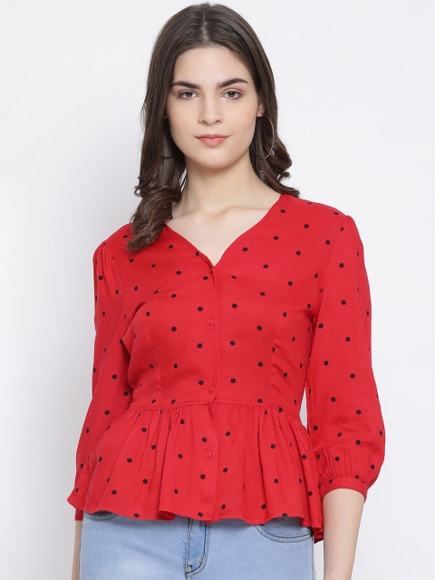 

Oxolloxo Women Red Polka Dot Print Peplum Top