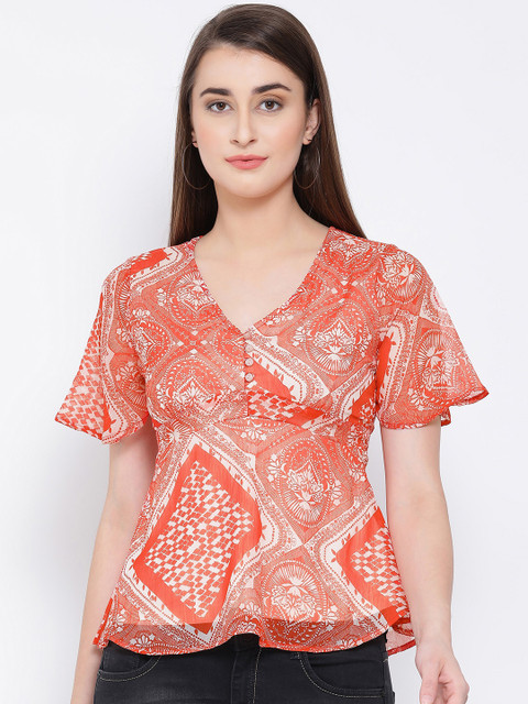 

Oxolloxo Women Orange Printed Empire Top
