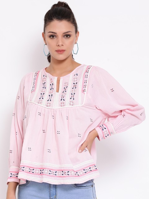 

Oxolloxo Women Pink Embroidered A-Line Pure Cotton Top