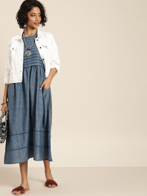 

Taavi Women Blue Solid Woven Legacy A-Line Sustainable Dress with Pleats & Back Button Placket